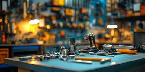 Technician's Tools on Workbench, meticulous arrangement of tools, softly blurred workspace, warm ambient light enhancing the scene