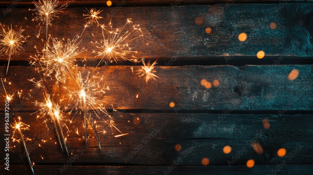 Poster panoramic banner featuring fireworks sparklers and bokeh lights on rustic wooden texture top view wi
