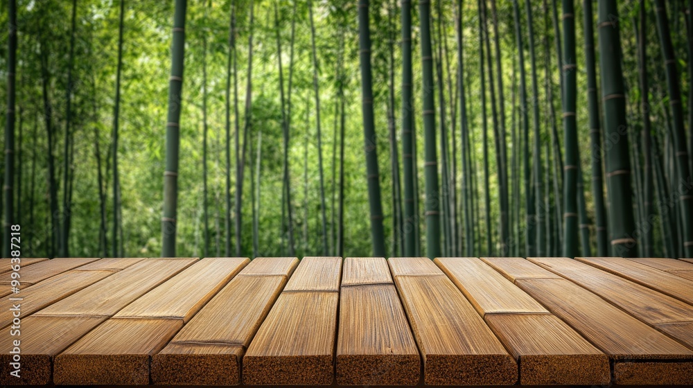 Poster wooden desk in front of a bamboo forest providing ample empty space for text or product placement