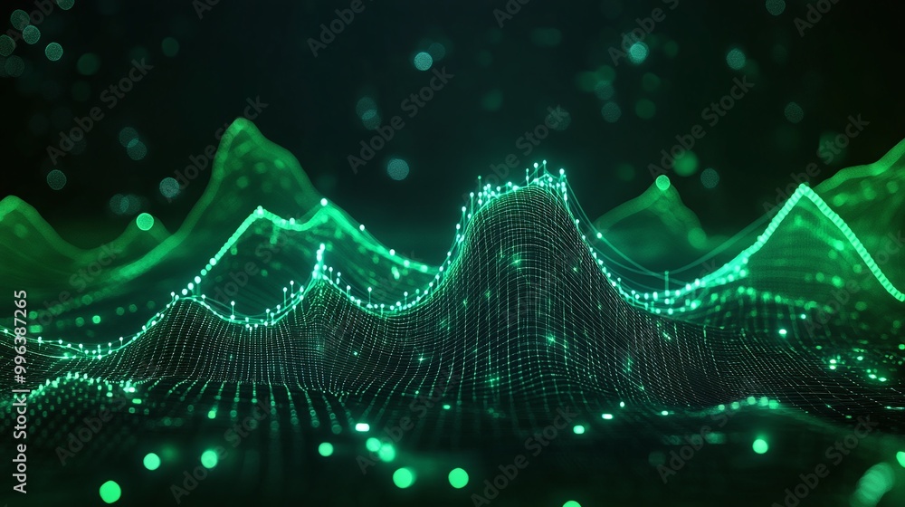 Poster abstract green waveforms in a digital landscape, showcasing data visualization in a modern style.