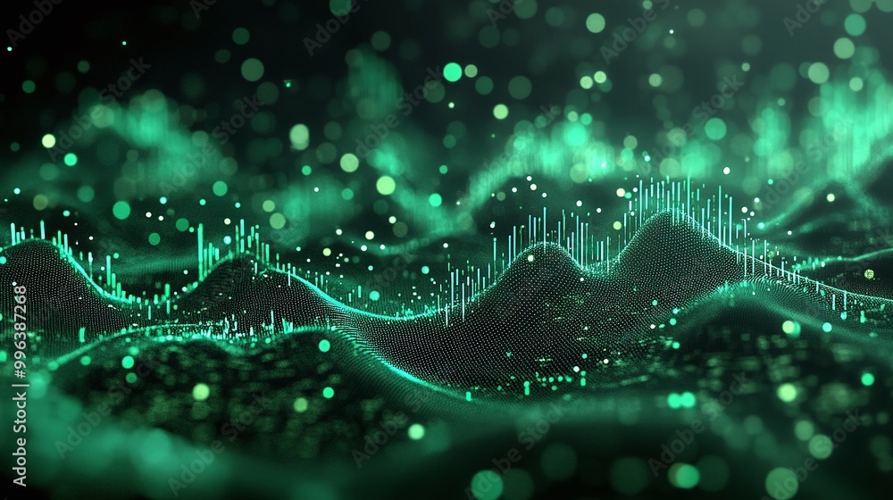 Poster abstract green wave with particles, representing data visualization or sound waves on a dark backgro