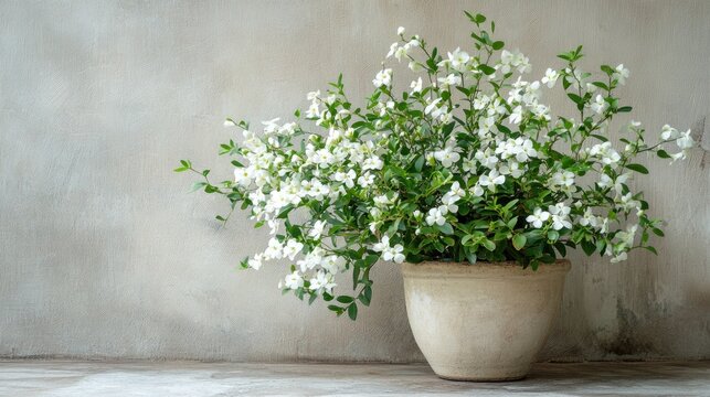 Potted Cuphea Hyssopifolia with delicate white flowers against a neutral backdrop