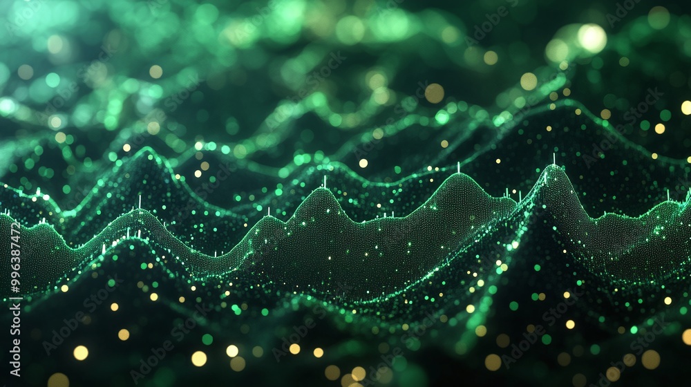 Poster Abstract green waves with shimmering particles creating a dynamic visual effect.