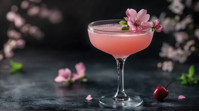 Pink cherry cocktail garnished with flowers served in a slender glass against a dark backdrop A perfect spring drink idea for romantic dinners or special celebrations