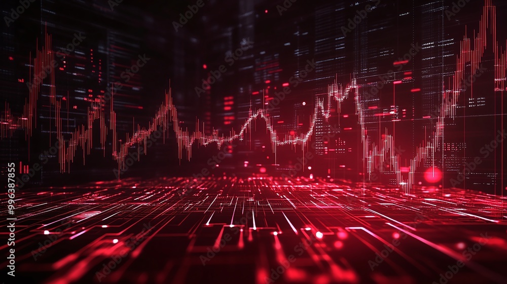 Poster abstract red data visualization with dynamic wave patterns, symbolizing technology and innovation in