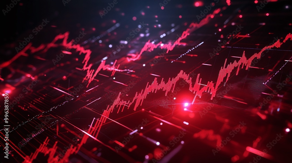 Poster abstract red data visualization with fluctuating line graph and digital elements, representing analy