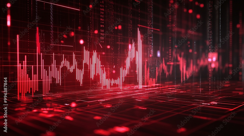 Poster abstract red data visualization with graphs and digital patterns creating a futuristic tech backdrop