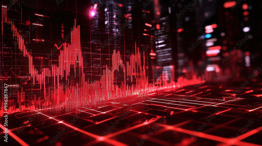 Poster abstract red data visualization showcasing fluctuating graphs and charts against a dark background.