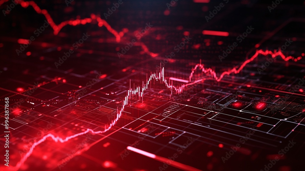 Poster abstract red data visualization with digital lines and graphs showing trends and fluctuations in a t