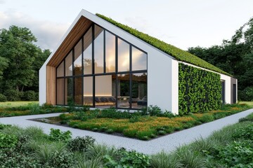 Fototapeta premium Modern eco-friendly house with large windows and green roof.