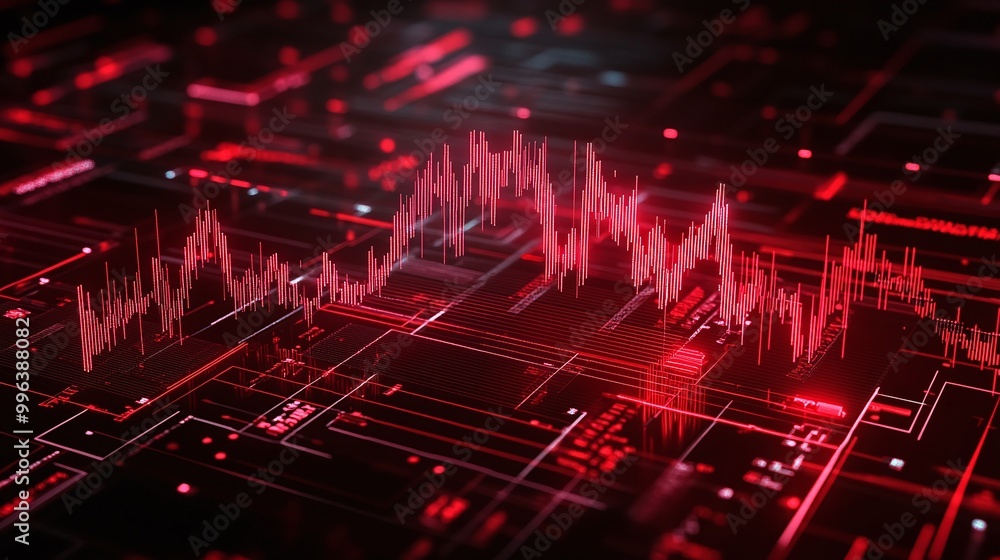 Poster abstract red digital data visualization on a dark background, showcasing complex graphs and circuits