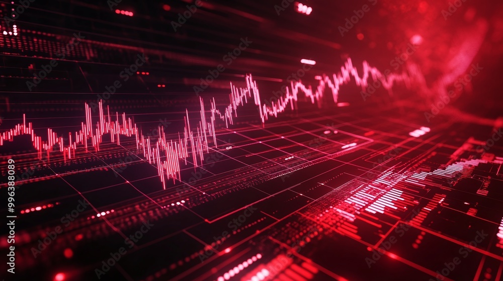 Poster abstract red digital financial data visualization, with graph lines representing trends on a dark ba