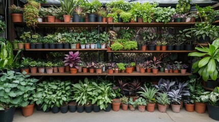Variety of houseplants displayed on shelves in a plant shop
