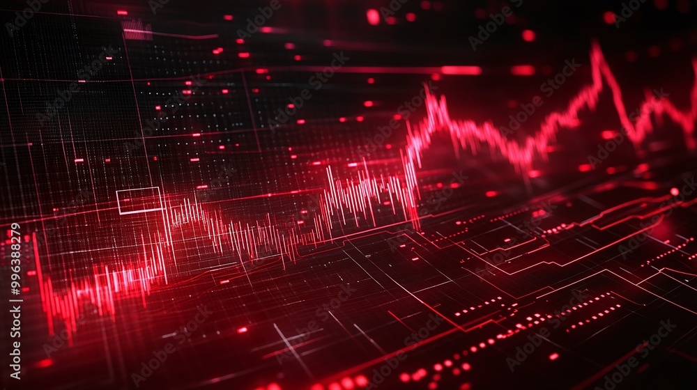 Poster abstract red digital wave patterns on a black background, representing data analysis and technology 