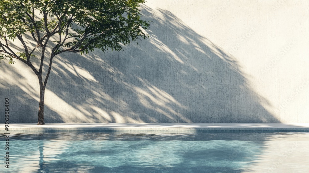 Wall mural concrete wall with a tree casting shadows over a pristine swimming pool reflecting nature s beauty i