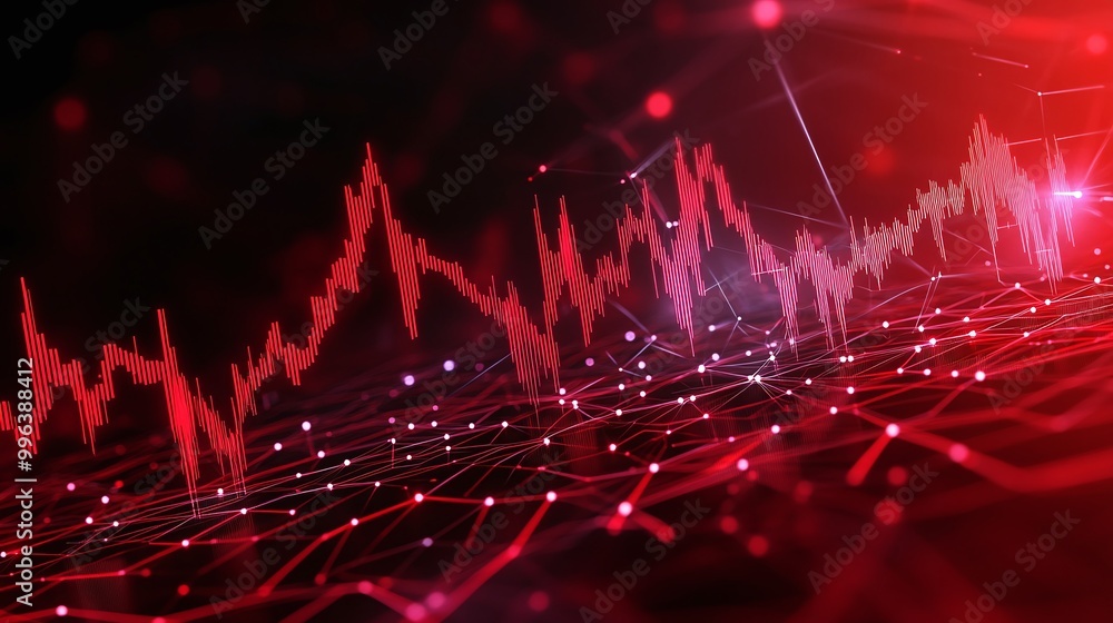 Poster abstract red sound wave pattern with digital connections and nodes, creating a dynamic visual effect