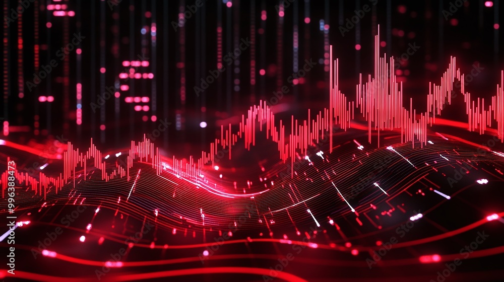 Poster abstract red sound wave visualization with dynamic movement, depicting audio frequency and energy in