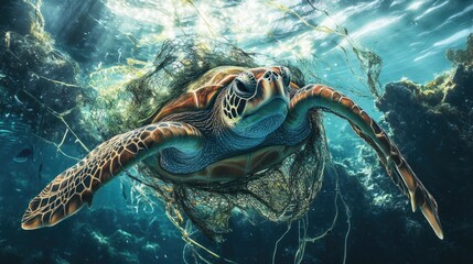 Obraz premium Turtle Entangled in Fishing Net Underwater Environment