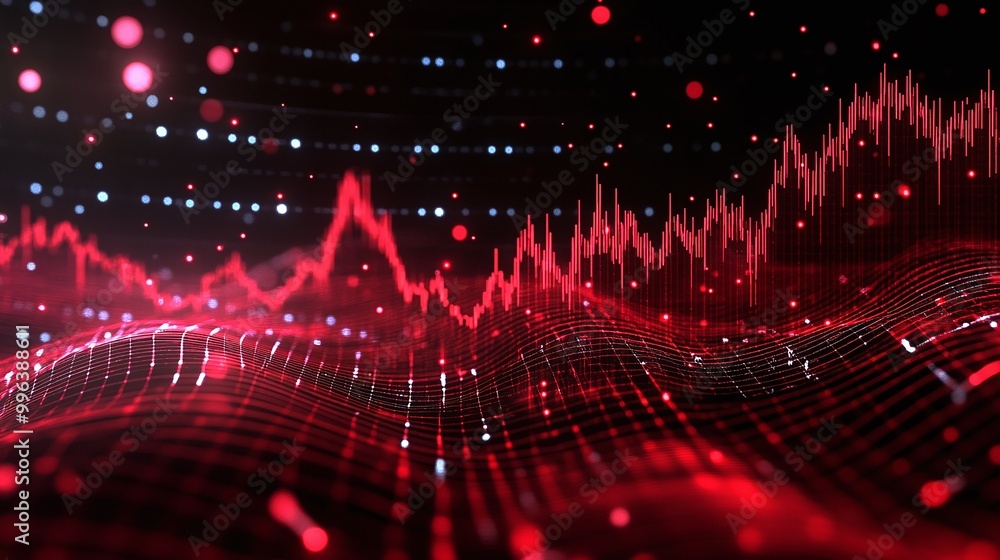 Poster abstract red wave pattern showcasing digital data visualization with sparkles against a dark backgro