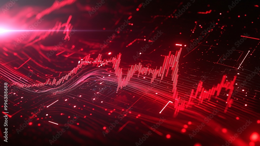 Poster abstract red wave design with digital lines and particles representing sound or data analysis.