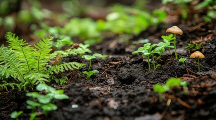 A close-up of the rich soil on the forest floor, interspersed with small ferns and mushrooms, showcasing natures beauty.