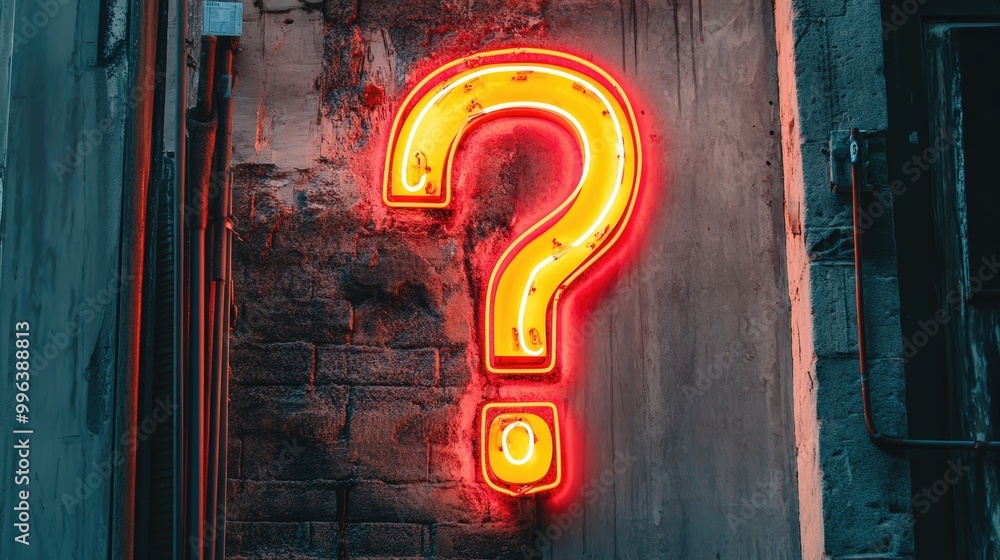 Poster neon question mark sign on a wall serving as a backdrop for a questioning session or inquiry theme