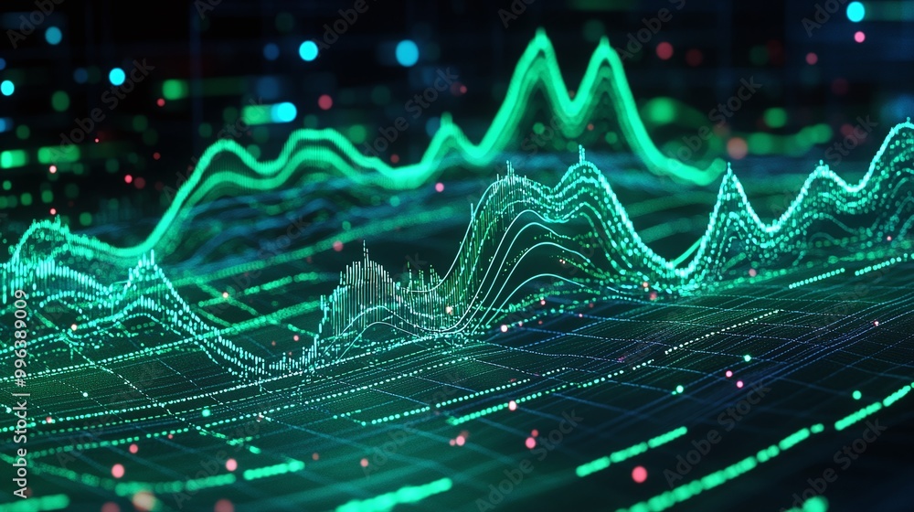 Aufkleber abstract representation of data analysis with vibrant green waves on a dark background.