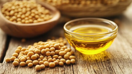 Soybeans and soy oil displayed on a wooden surface