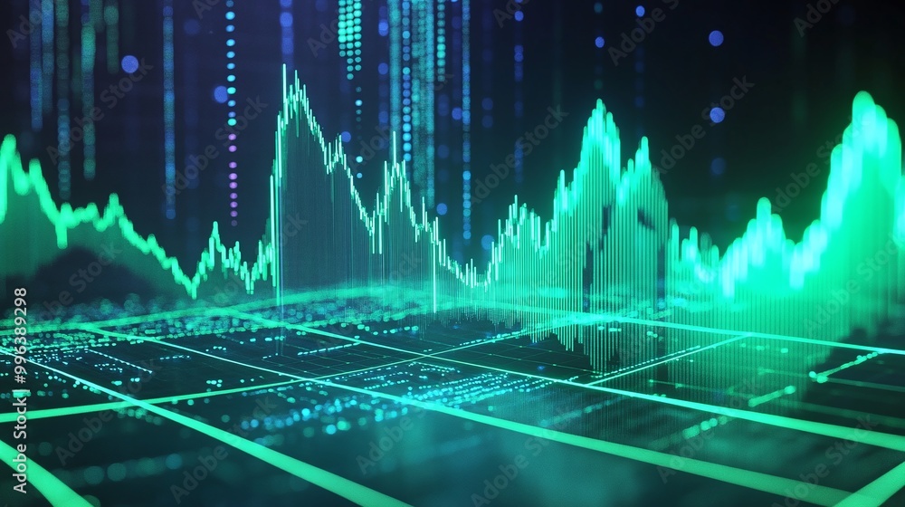 Poster abstract representation of data trends with glowing green lines and charts on a digital grid backgro