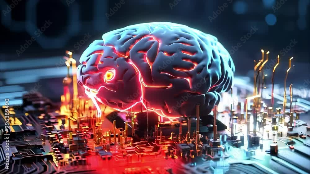 Poster a stylized brain made of neon colors, resting on a circuit board with glowing circuitry, symbolizing