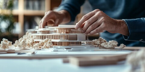 Architect's Hand Adjusting Scale Model, intricate details of design process, tools and materials softly blurred, bright focused lighting enhances creativity