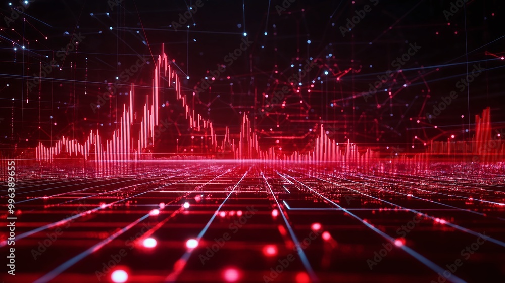 Poster abstract representation of data visualization with red tones and glowing elements.