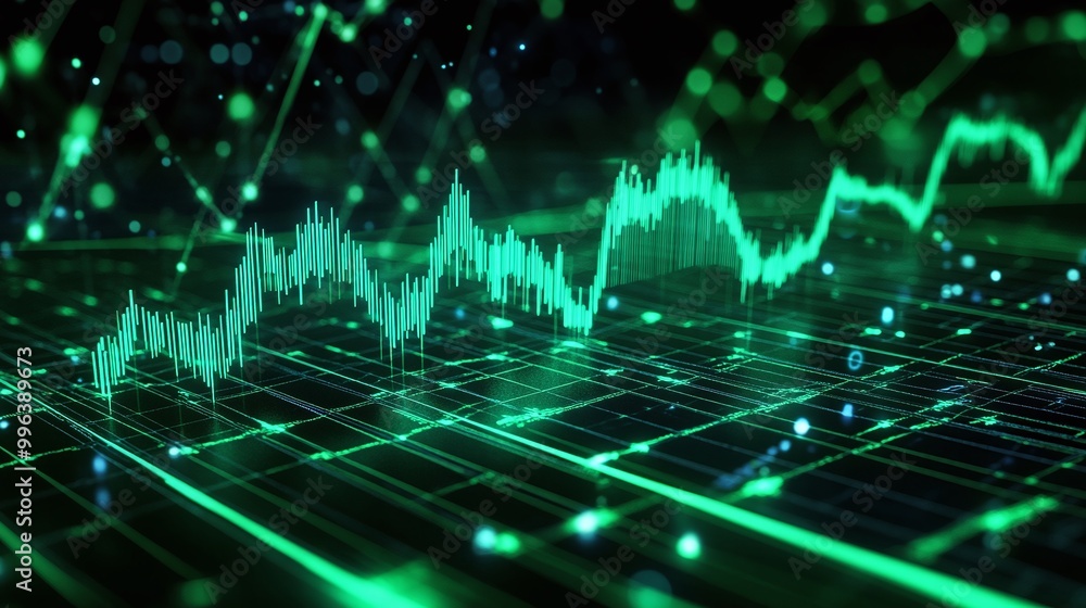 Poster abstract representation of digital data analysis with green graph on dark background.