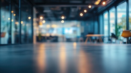 Blurred focus on a contemporary open space office interior suitable for use as a background Wide panorama with a digital touch