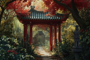 Fototapeta premium Large chinese style garden architecture building outdoors.