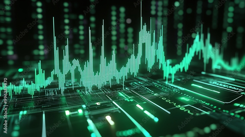 Poster abstract representation of digital data chart with green lines and circuit patterns on a dark backgr