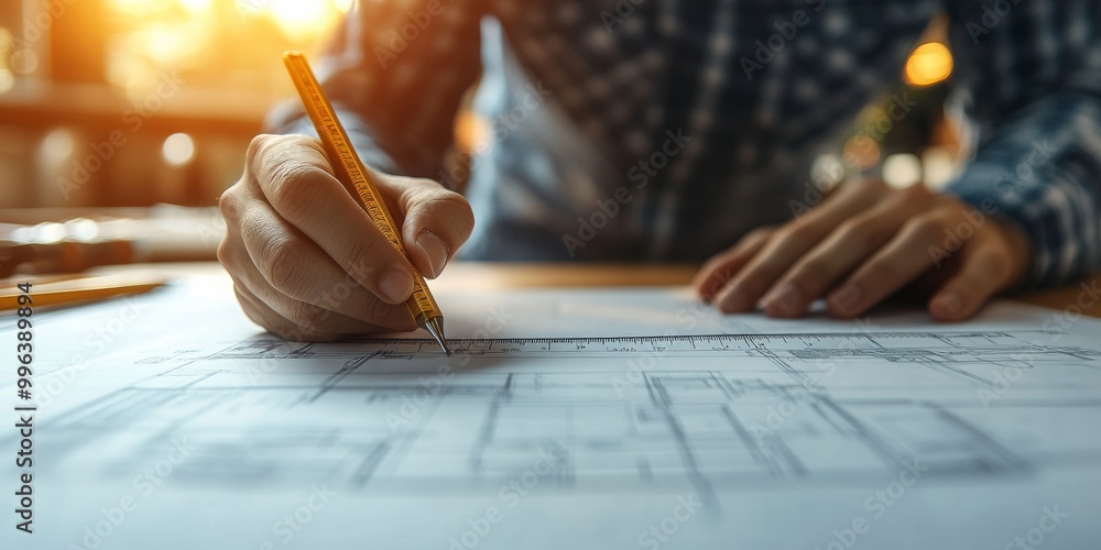 Poster architect's precision, an architect meticulously measuring a blueprint with a ruler, a softly blurre