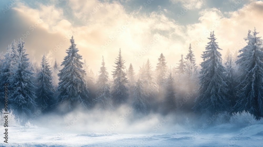 Poster serene winter forest featuring pine trees enveloped in mist offering a panoramic view of a tranquil 