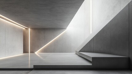 Abstract modern interior featuring grey sloped walls daylight and LED lighting in a minimalist hall Concept highlighting white stone architecture and texture in a concrete space