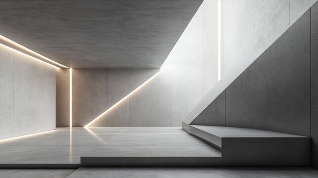 Abstract modern interior featuring grey sloped walls daylight and LED lighting in a minimalist hall Concept highlighting white stone architecture and texture in a concrete space