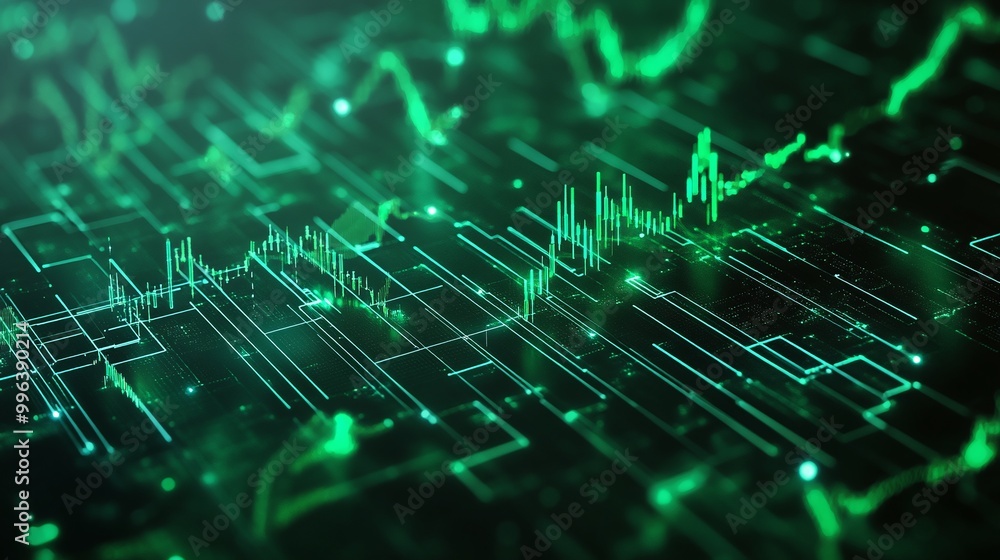 Poster abstract representation of digital data with green lines and patterns on a dark background, showcasi