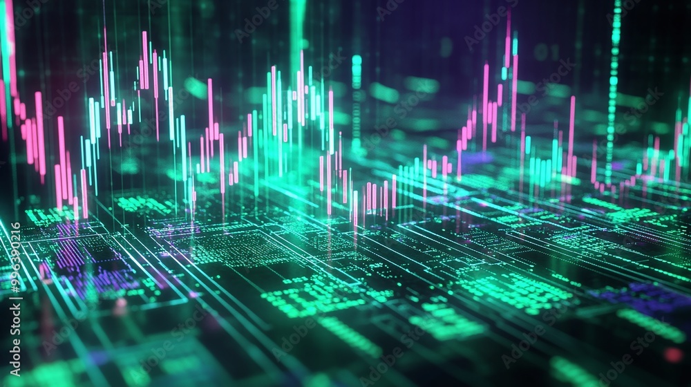 Poster abstract representation of digital data with vibrant colors and intricate patterns, illustrating tec