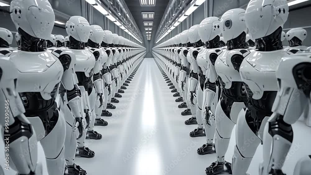 Poster robots lined up in a futuristic factory during the day generative ai