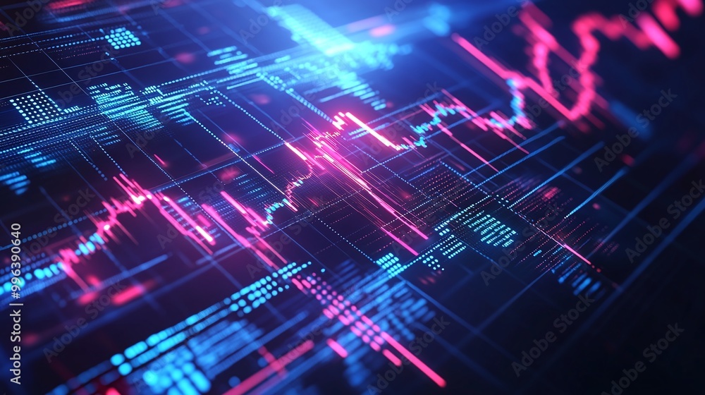 Poster abstract representation of digital financial data with colorful charts and graphs.