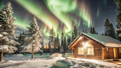 Fototapeta premium The northern lights in the Arctic icy north, a lonely house stands in the distance in the frozen outback