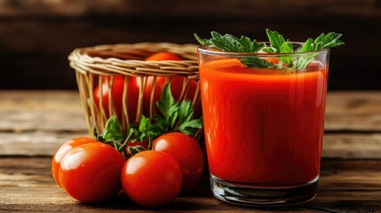 A refreshing glass of tomato juice next to a basket of vibrant tomatoes, set on a wooden table for a healthy vibe.