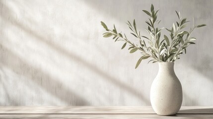 Vase with olive leaves displayed on a wooden table ideal for product showcase or backdrop