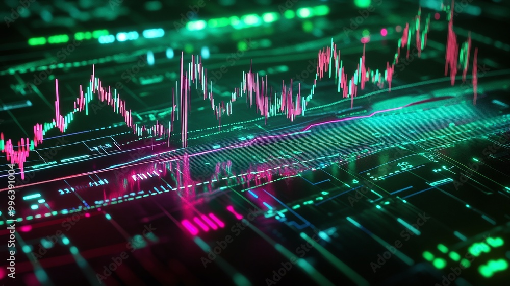 Poster abstract representation of financial data with vibrant colors and dynamic lines on a digital backgro