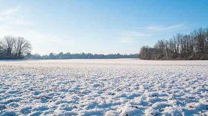 A vast field is blanketed in fresh snow