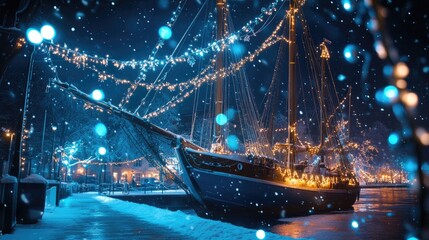 Sailing vessel adorned with festive lights at night featuring cool blue and white hues amidst snowfall during winter with a pirate theme